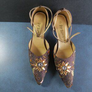 VTG Drama Brown & Gold Pointed Toe Kitten Heel Ankle Strap Bejeweled Shoe Size 8